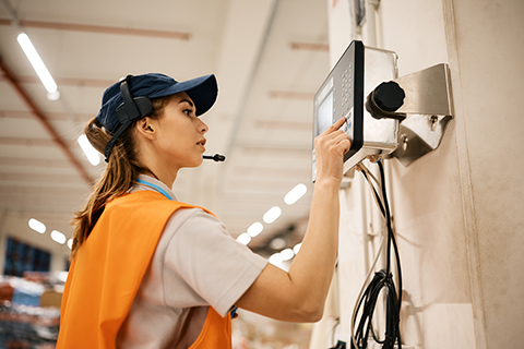 Young woman working dispatcher at distribution warehouse.